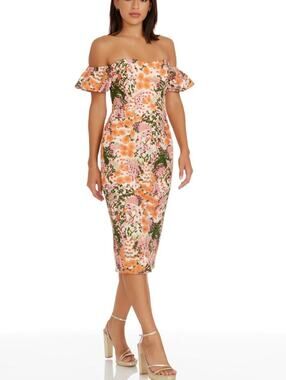 Dress the Population Tara Off Shoulder Bodycon Dress – NWT – Apricot Multi – XS